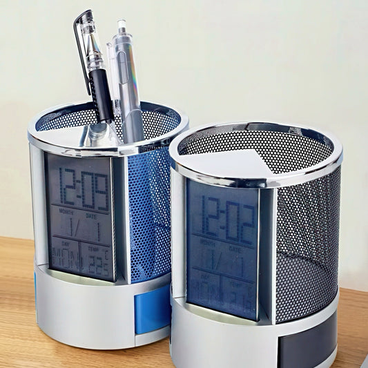 Metal Mesh Pen Holder with Digital Alarm Clock