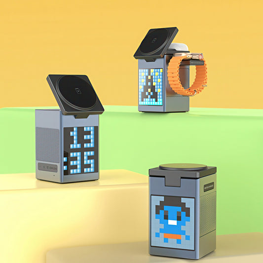 Wireless Charging Station with Pixel Display on a colorful background