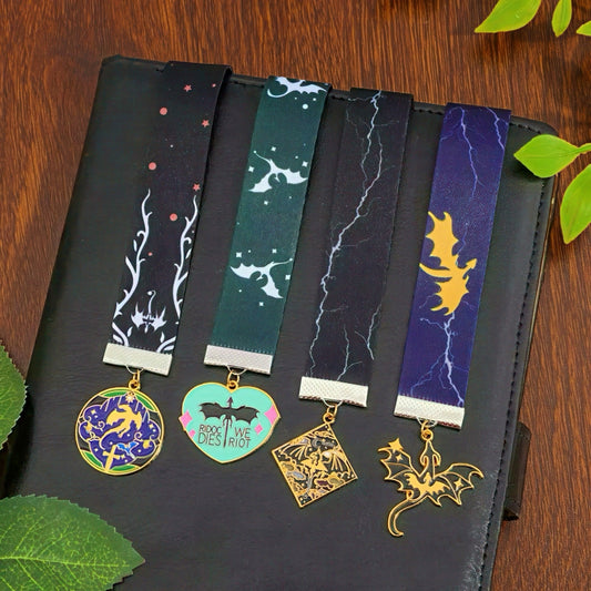 Strap Bookmark with Dragon Themed Metal Charms