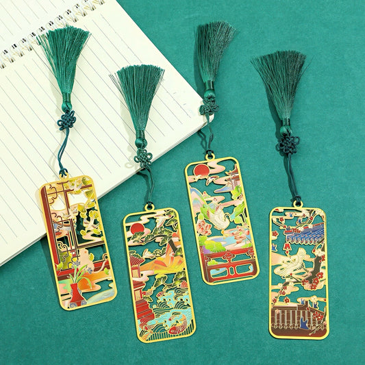 Ancient Chinese Themed Metal Bookmark with Tassel