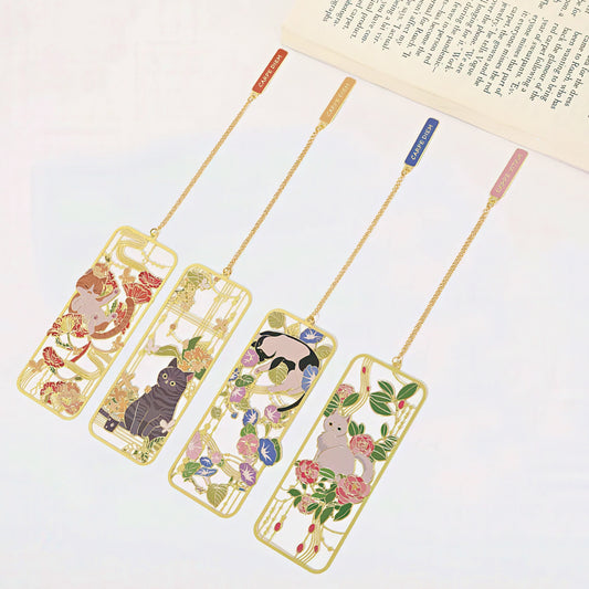 Cat and Flowers Themed Metal Bookmark