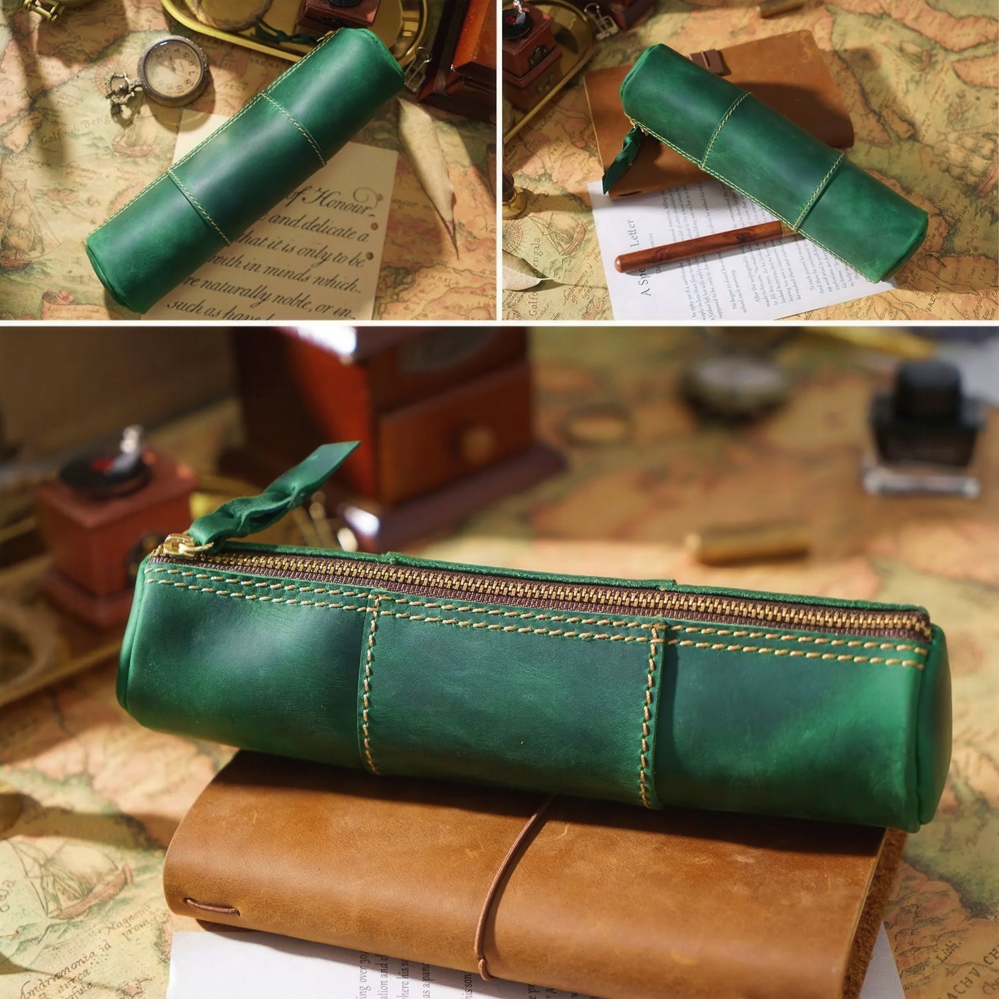 Dyed Cowhide Zipper Pencil Case