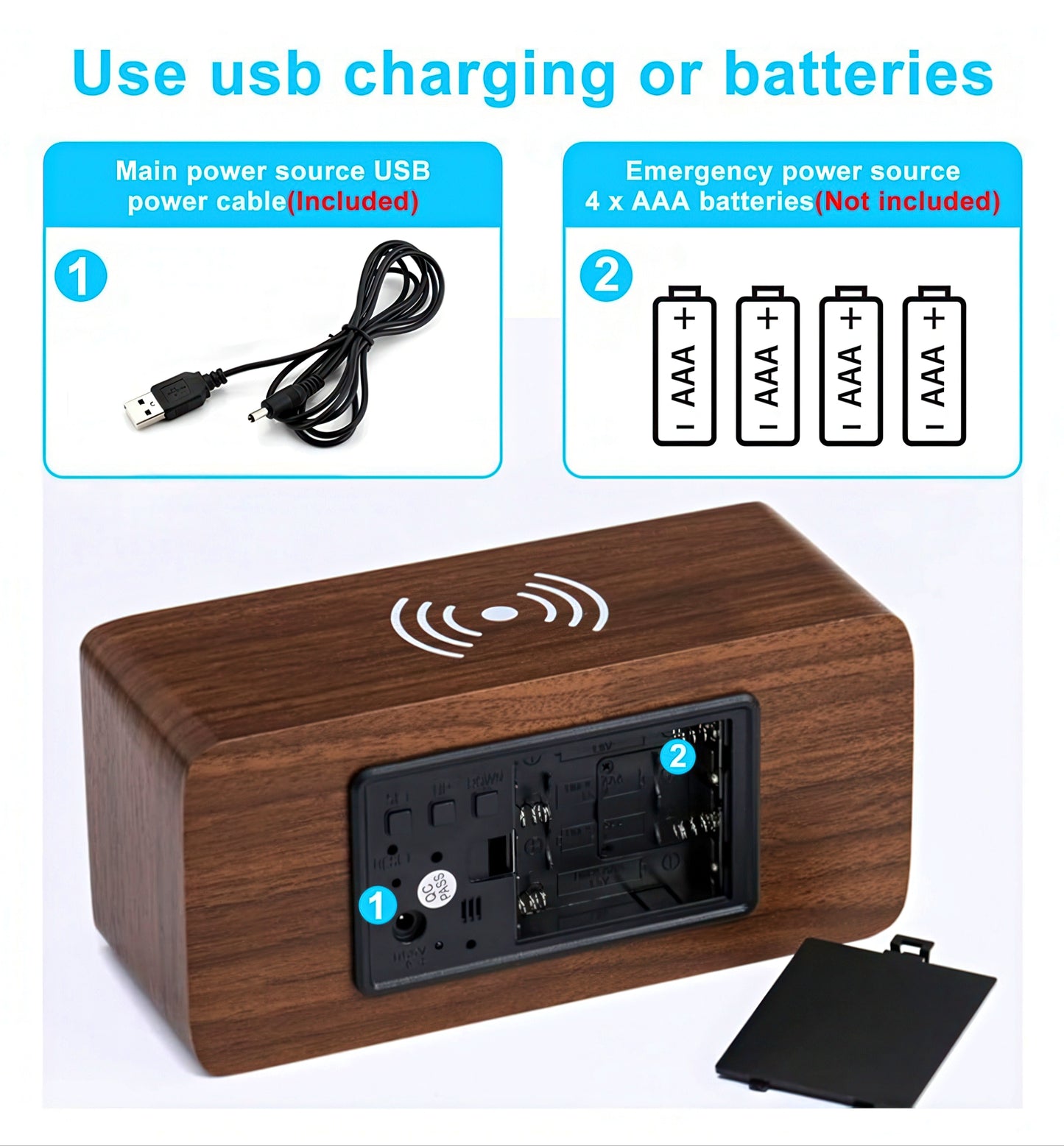 Wooden Alarm Clock with Wireless Charging