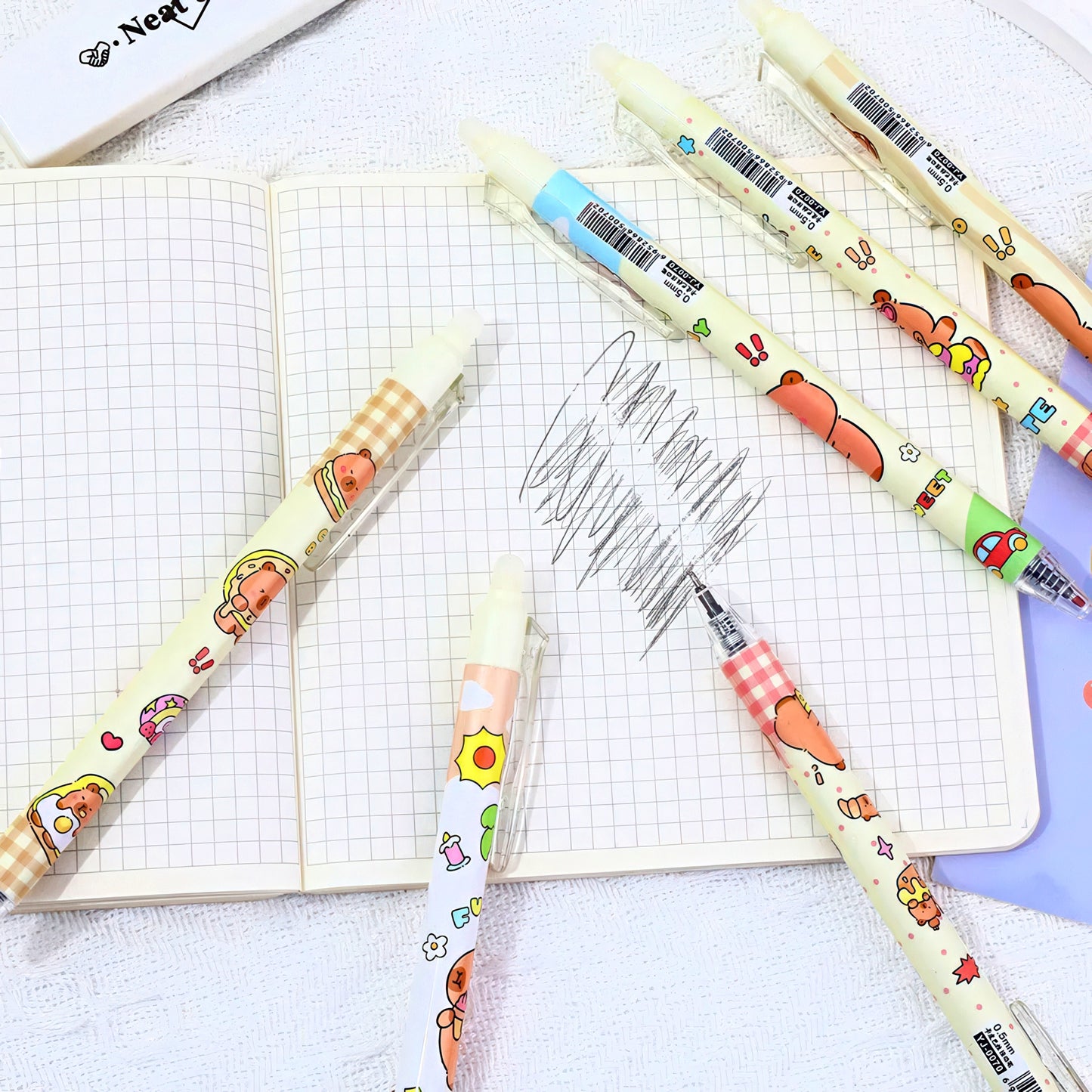 Ensemble de stylos gel effaçables Capybara mignon