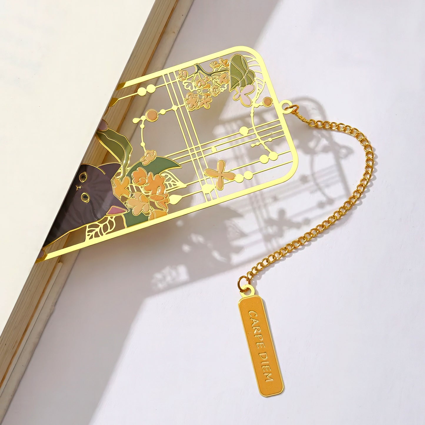 Cat and Flowers Themed Metal Bookmark