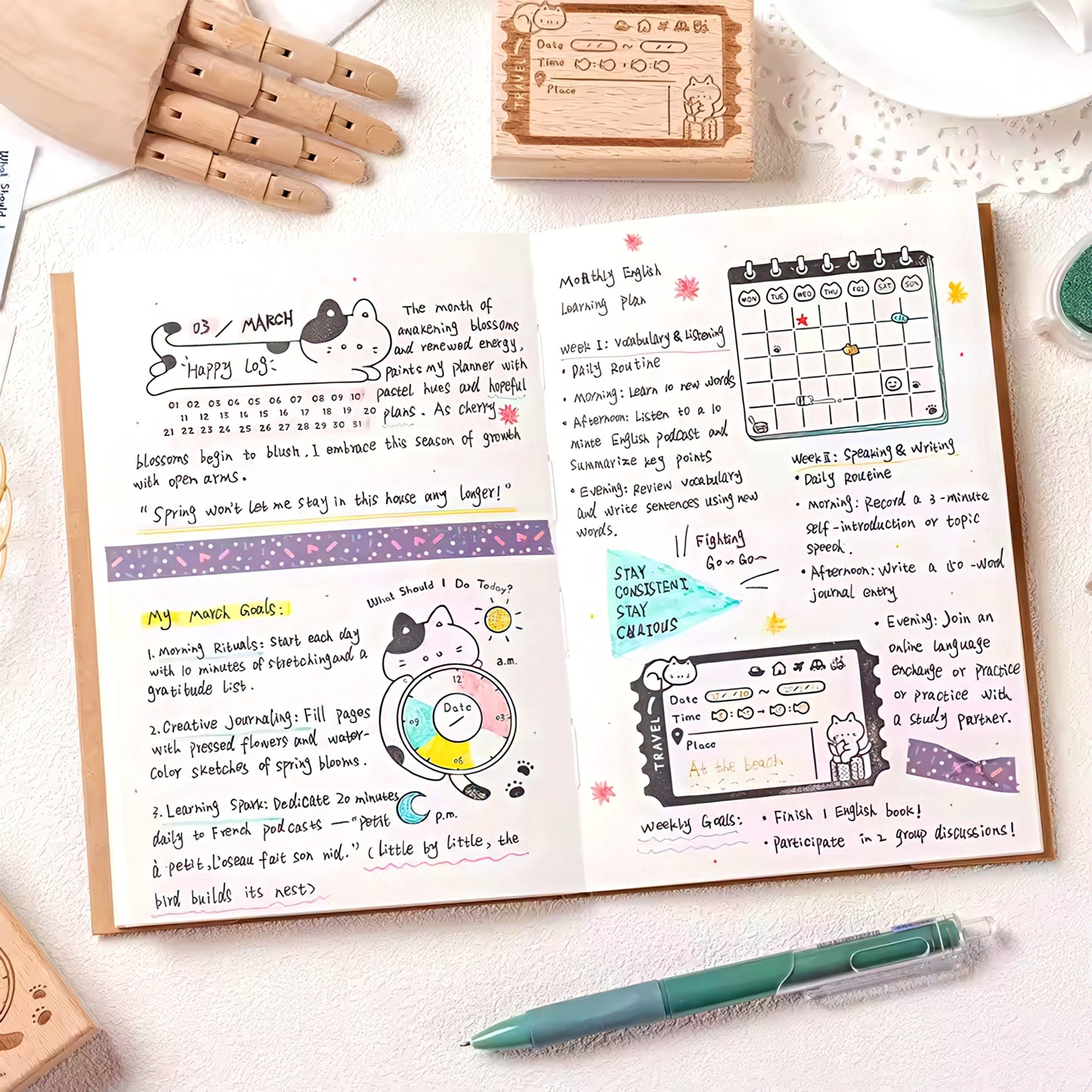 Cat Themed Wooden Planner Stamp Set