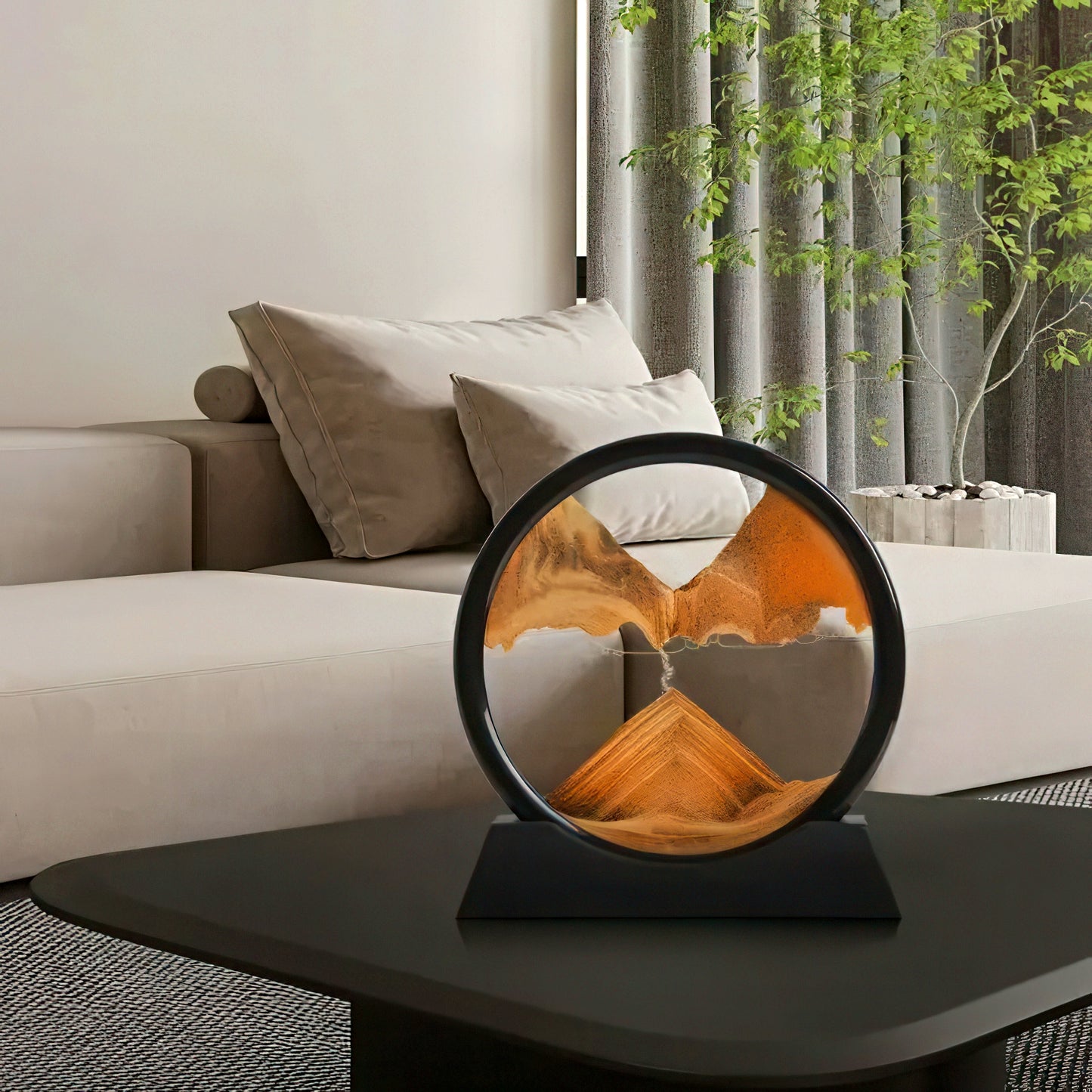 Decorative 3D Moving Sand Art on a table in a living room setting