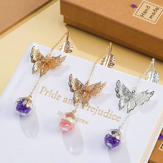 Feather Shaped Metal Bookmark with Glass Bead Charm