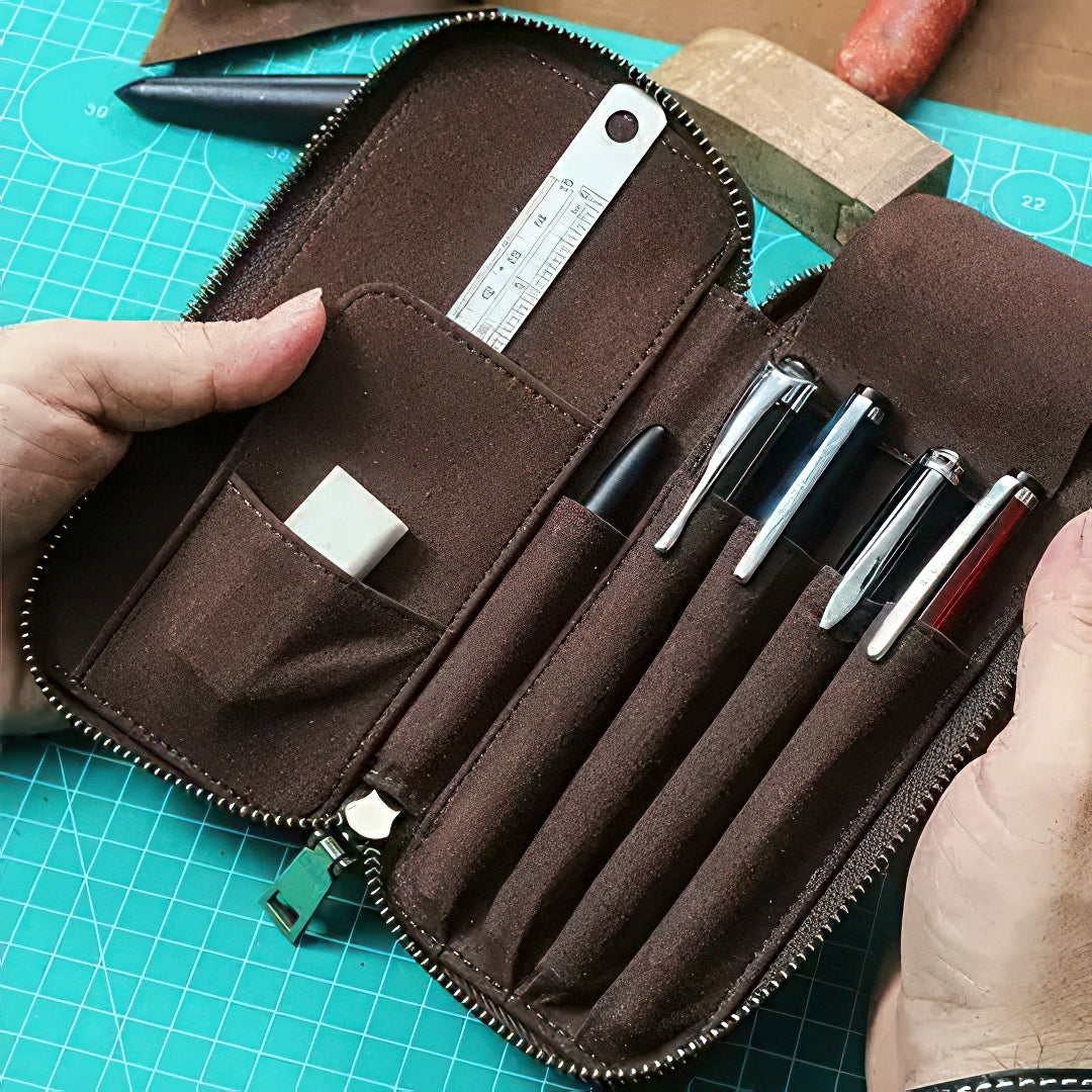 Multi Compartments Dyed Cowhide Leather Pen Case