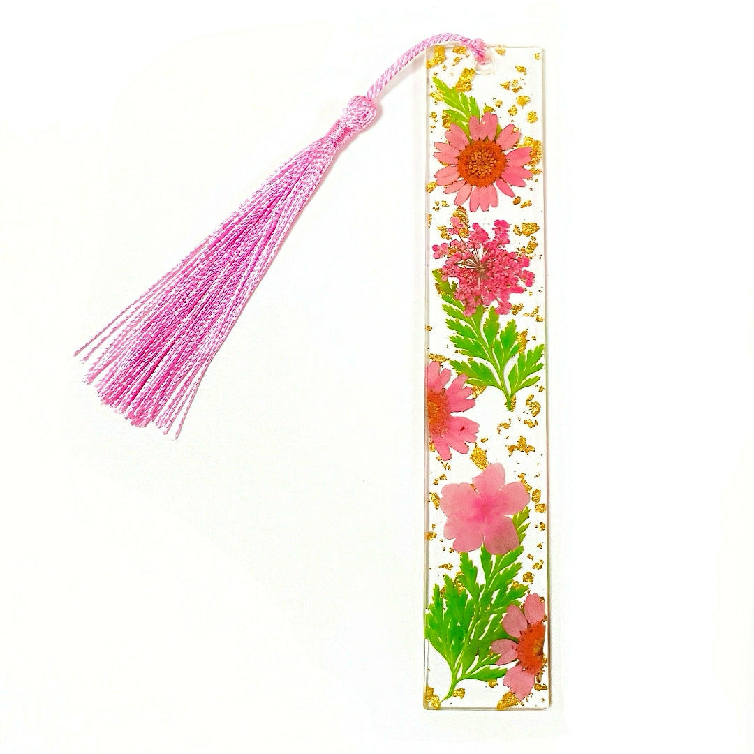 Transparent Acrylic Bookmark with Dried Flowers and Gold Flakes