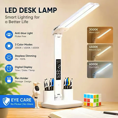 Double Head Desk Lamp with Digital Clock & Pen Holders