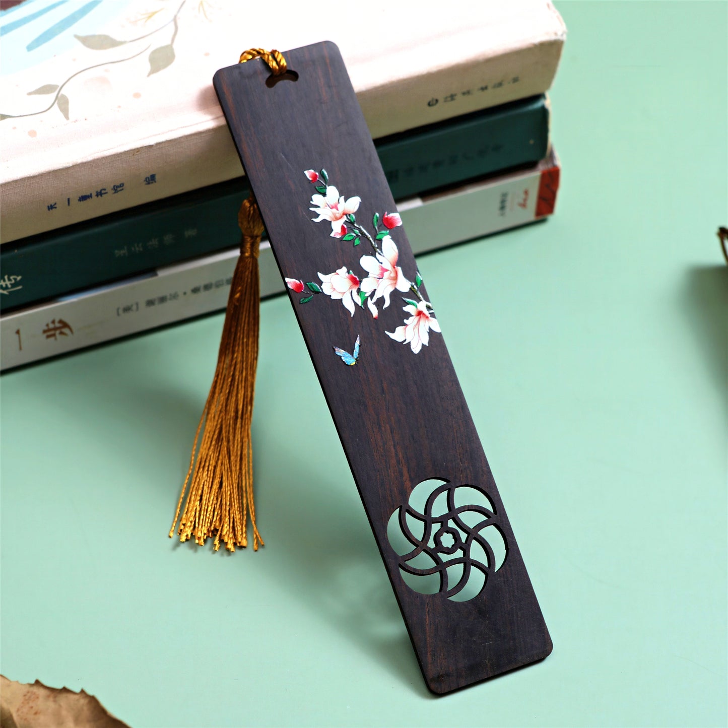 Elegant Flowers Painted Wooden Bookmark