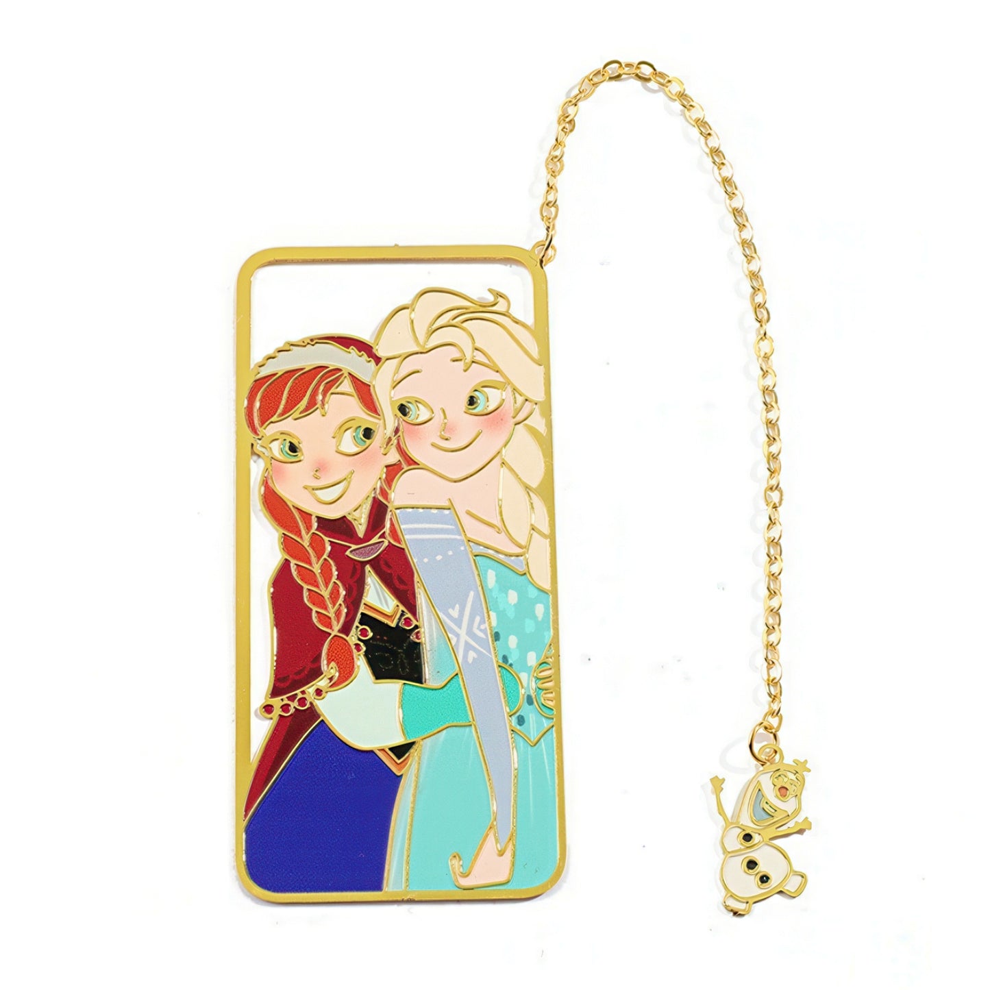Metal bookmark with Frozen characters and a chain on a white background