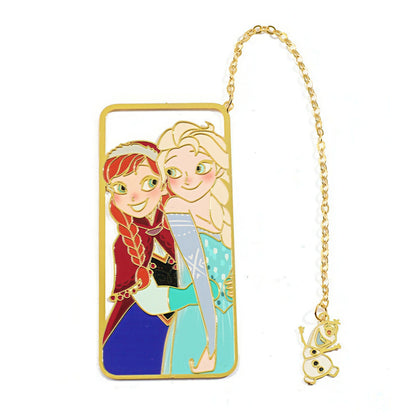 Metal bookmark with Frozen characters and a chain on a white background