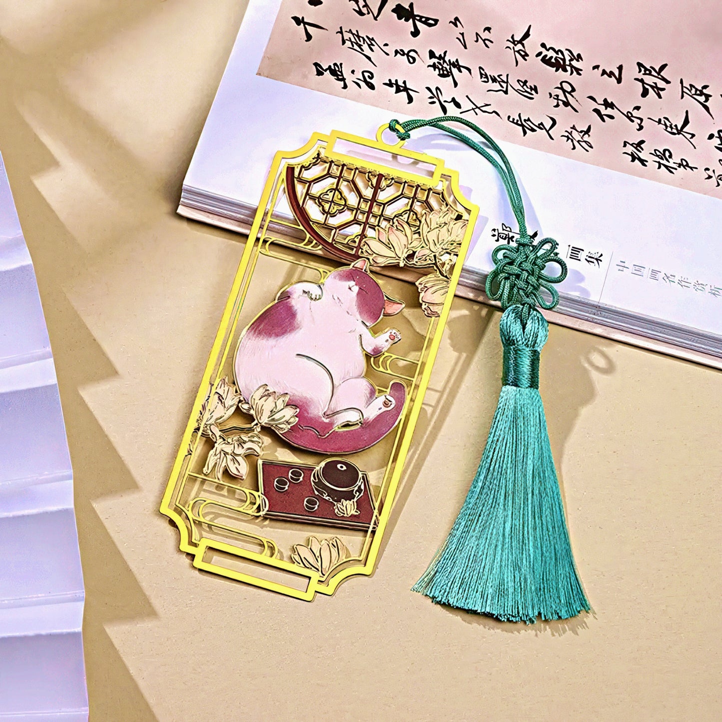Relaxing Cat Oriental Style Metal Bookmark