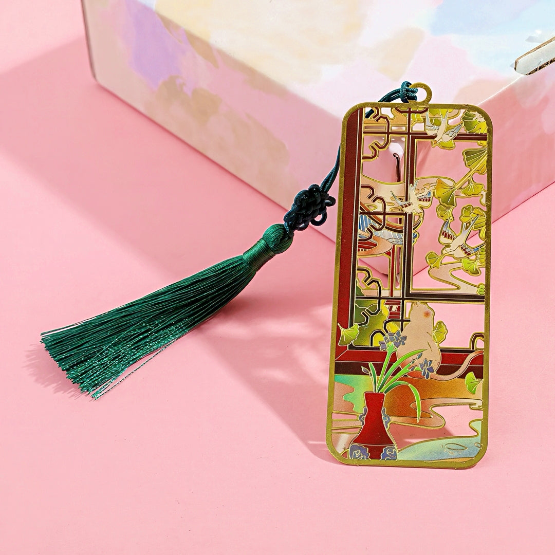Ancient Chinese Themed Metal Bookmark with Tassel