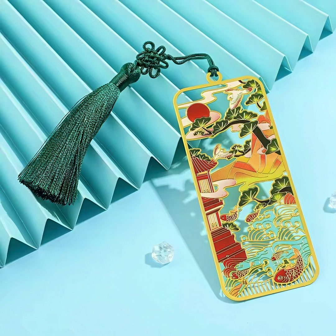 Ancient Chinese Themed Metal Bookmark with Tassel