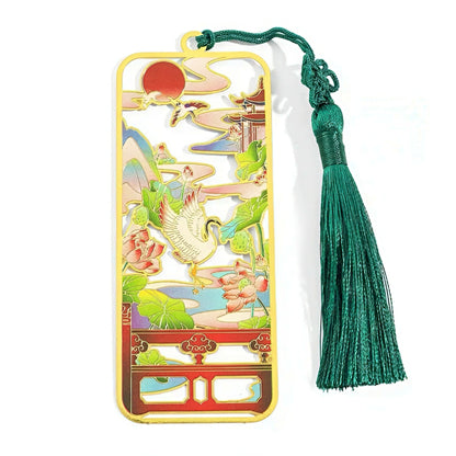Ancient Chinese Themed Metal Bookmark with Tassel