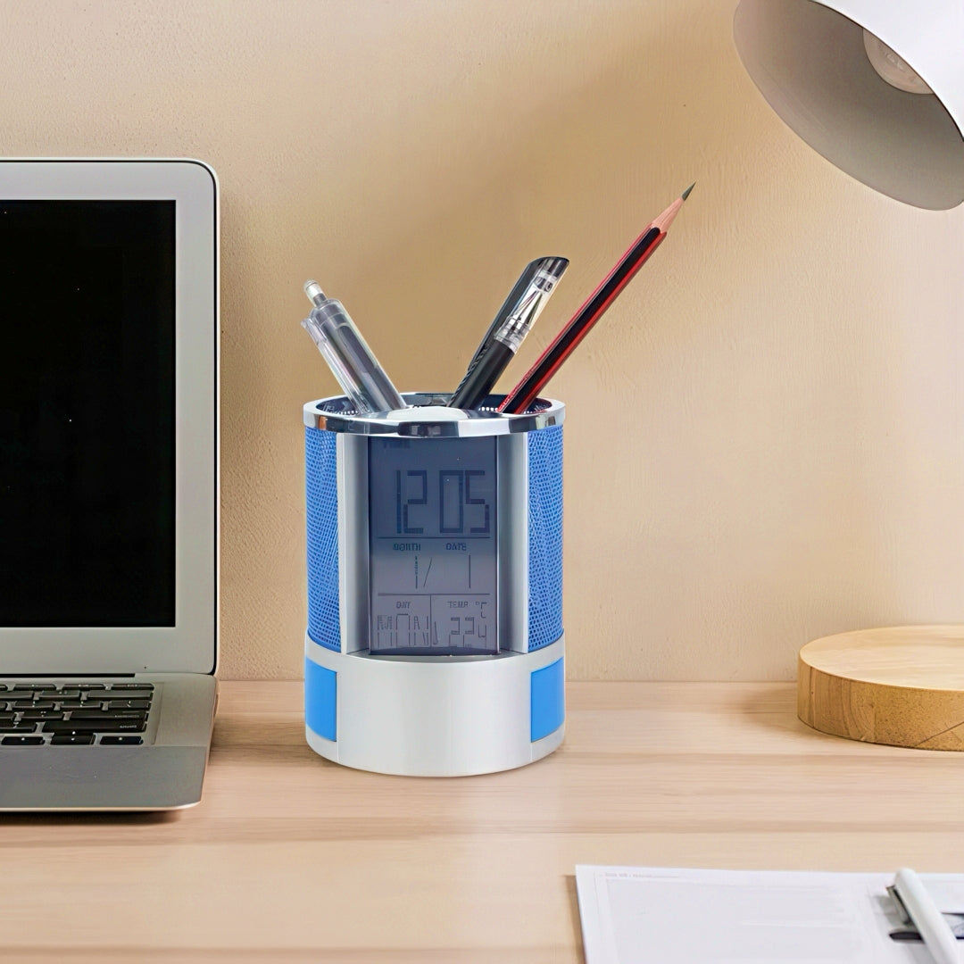 Metal Mesh Pen Holder with Digital Alarm Clock
