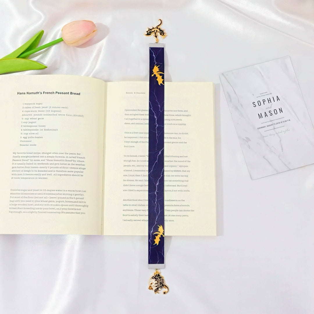 Strap Bookmark with Dragon Themed Metal Charms
