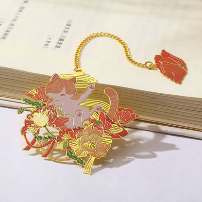 Cat with Flowers Metal Bookmark