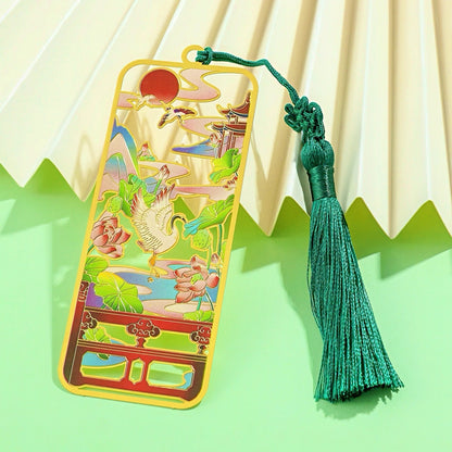 Ancient Chinese Themed Metal Bookmark with Tassel