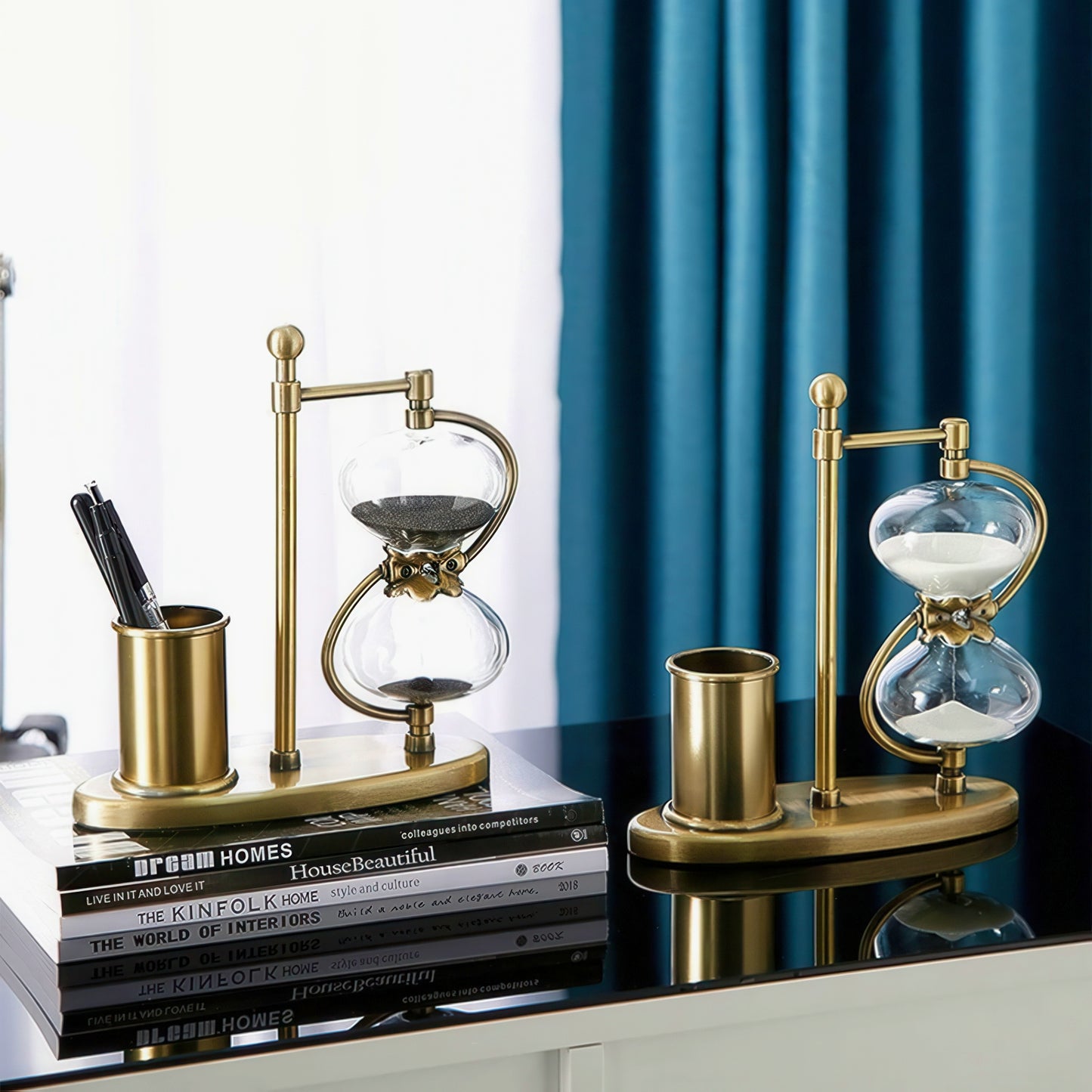 Retro Brass Hourglass with Pen Holder