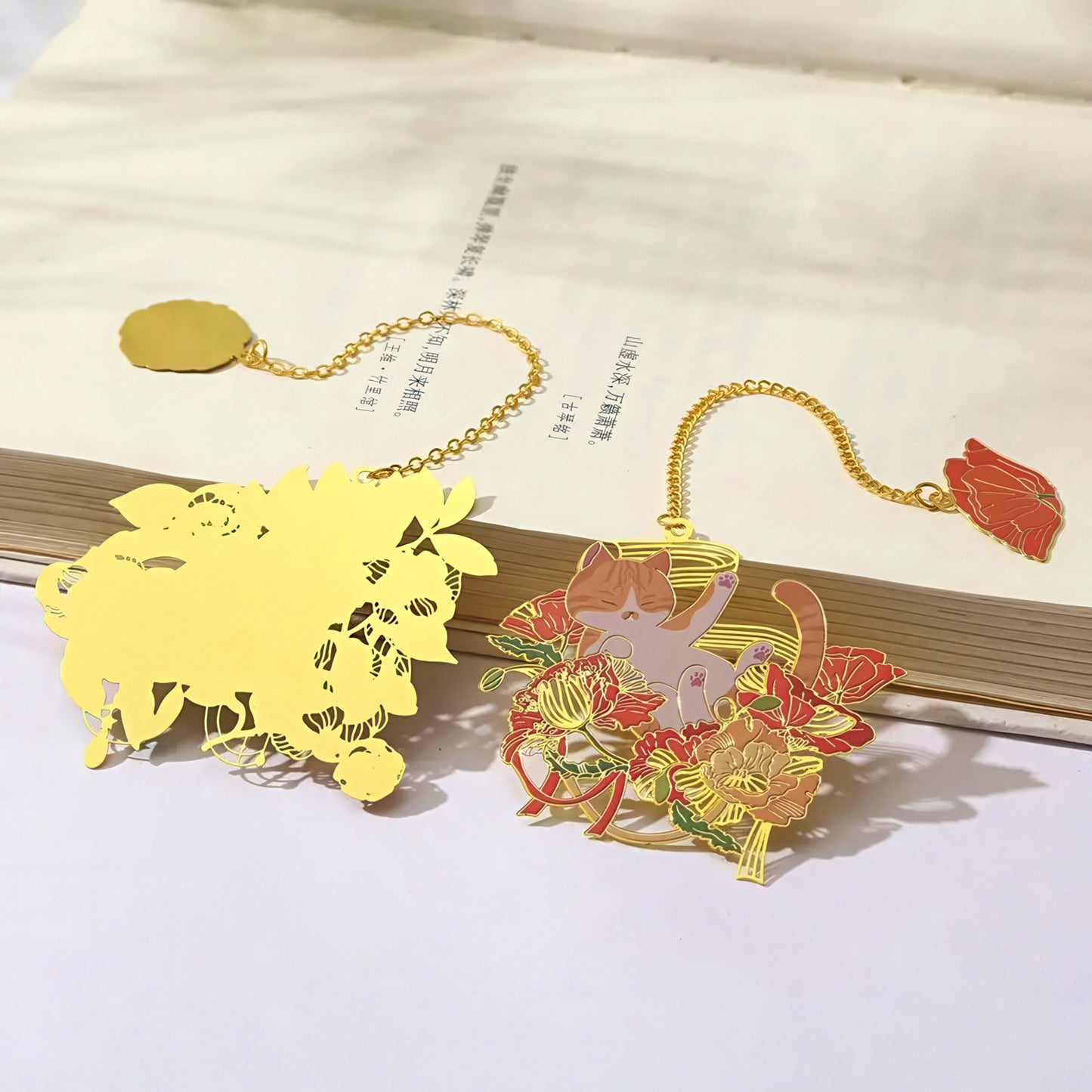 Cat with Flowers Metal Bookmark
