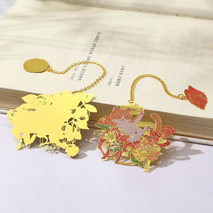 Cat with Flowers Metal Bookmark