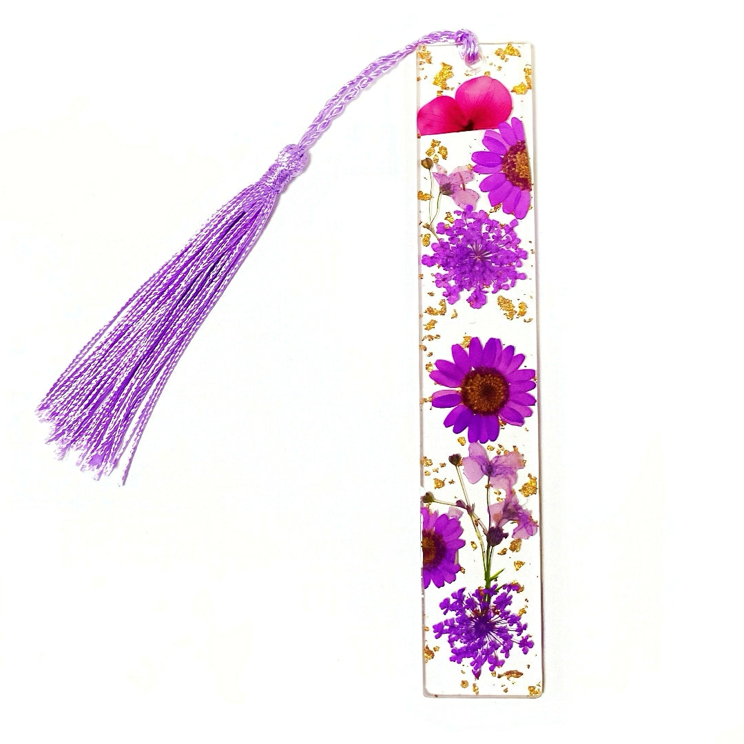Transparent Acrylic Bookmark with Dried Flowers and Gold Flakes