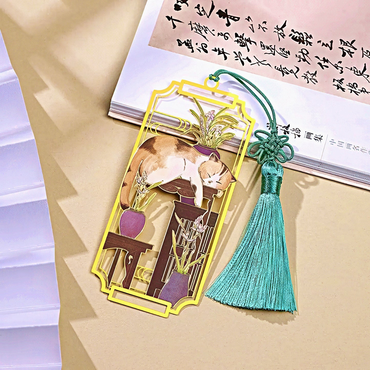 Relaxing Cat Oriental Style Metal Bookmark