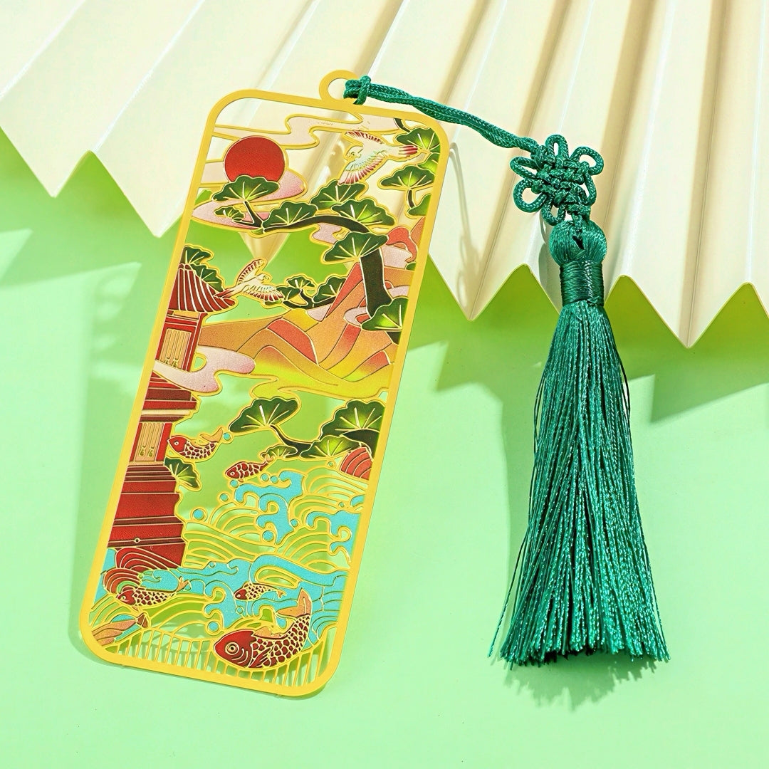 Ancient Chinese Themed Metal Bookmark with Tassel