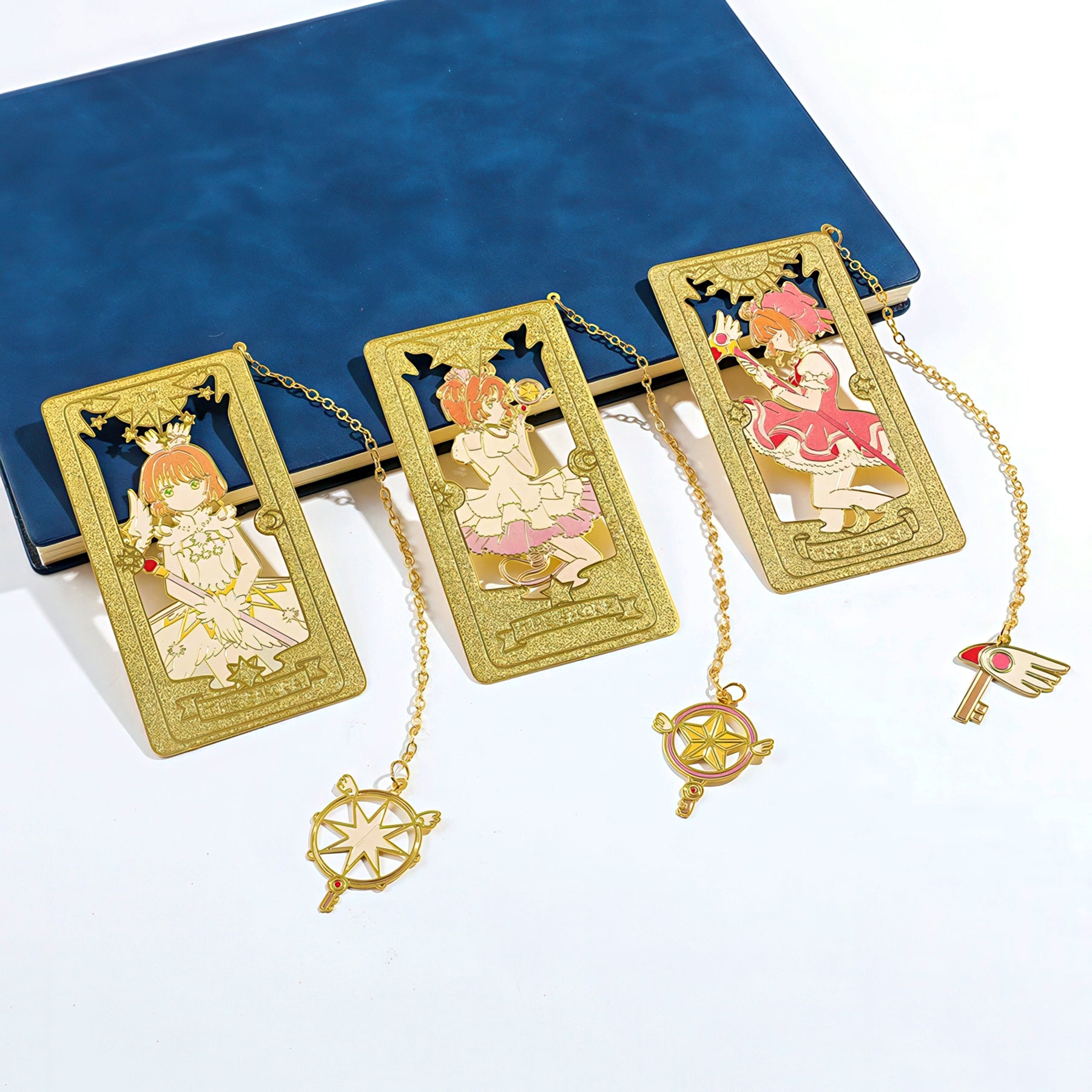 Gold metal bookmarks with anime character illustrations
