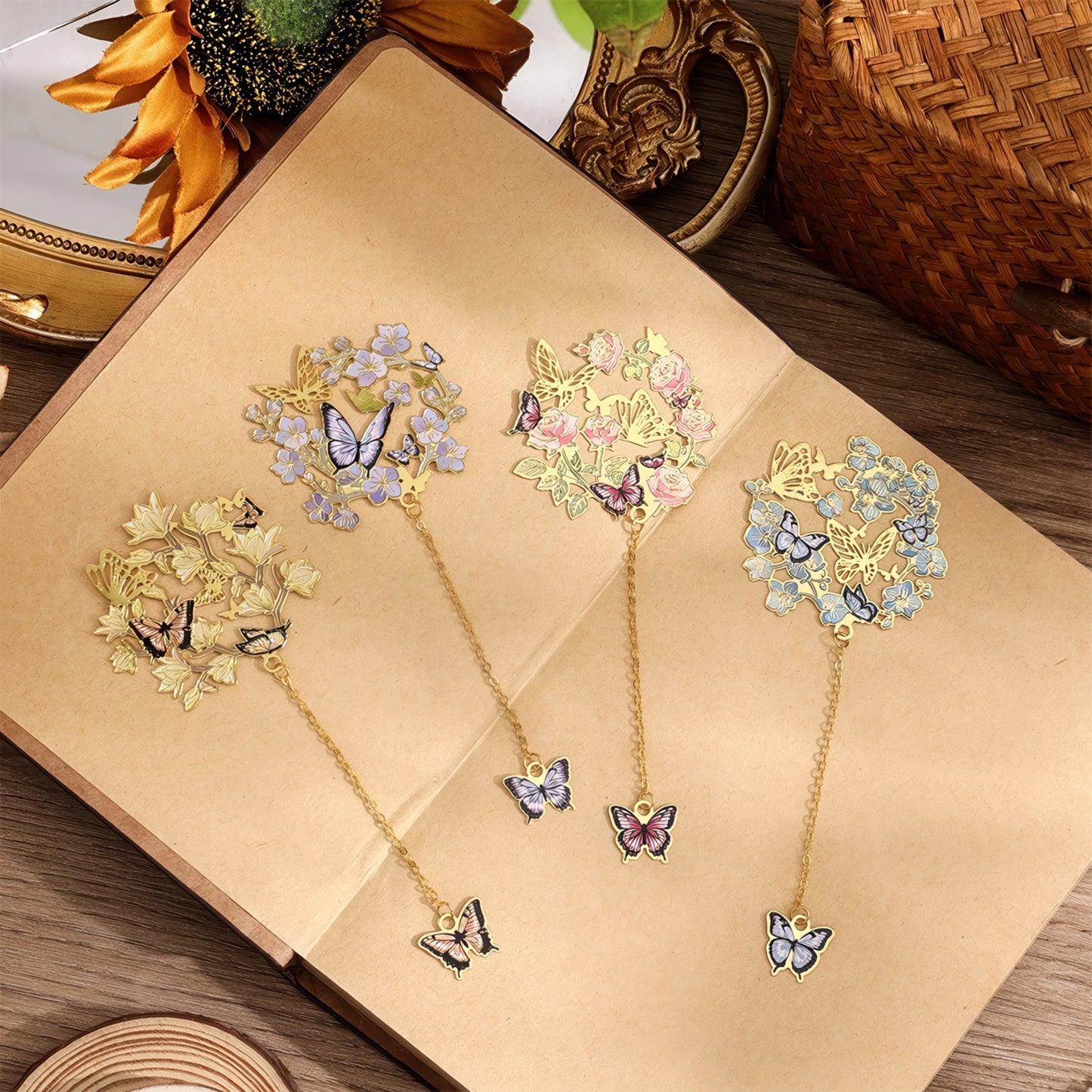 Dreamy Butterflies with Flowers Metal Bookmark