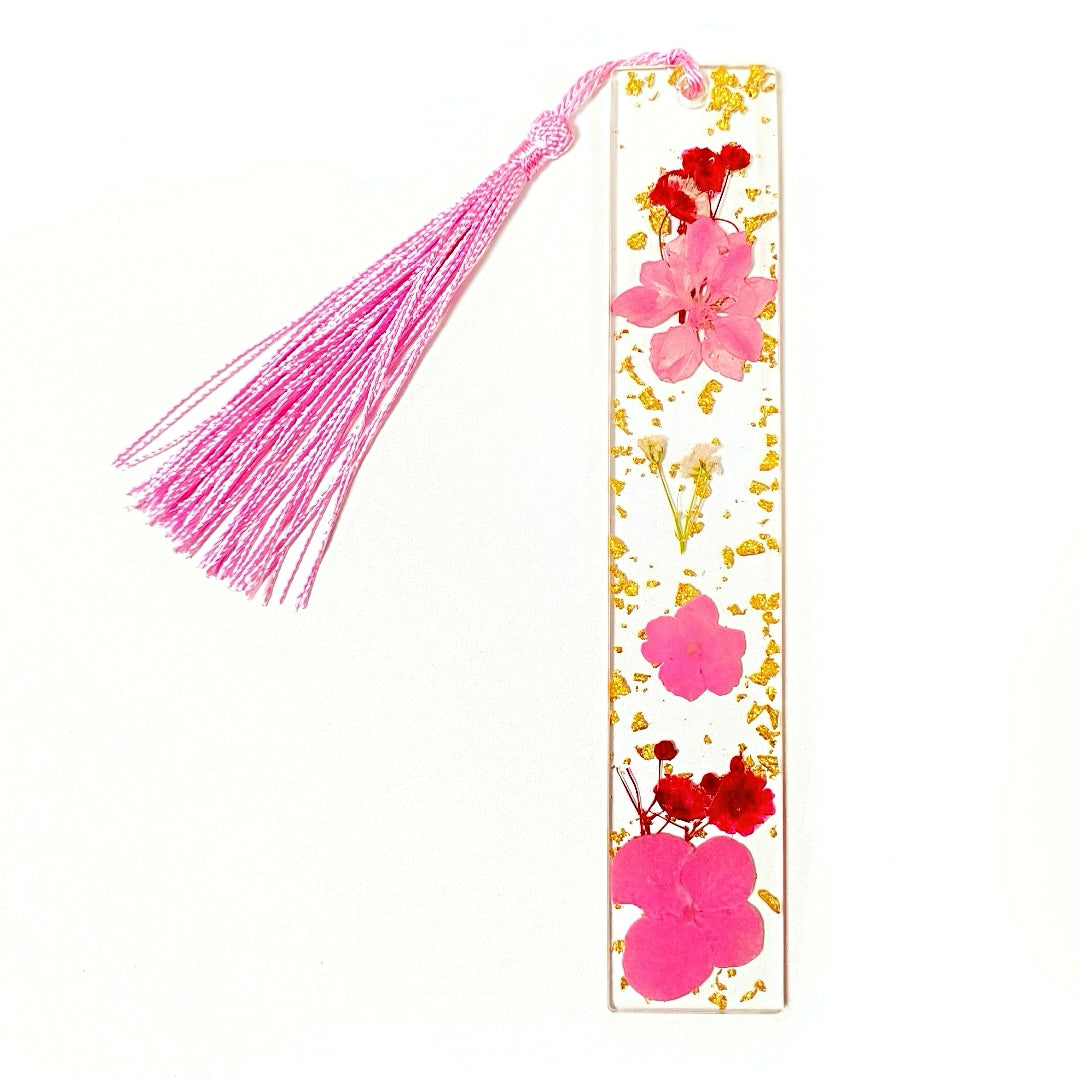 Transparent Acrylic Bookmark with Dried Flowers and Gold Flakes