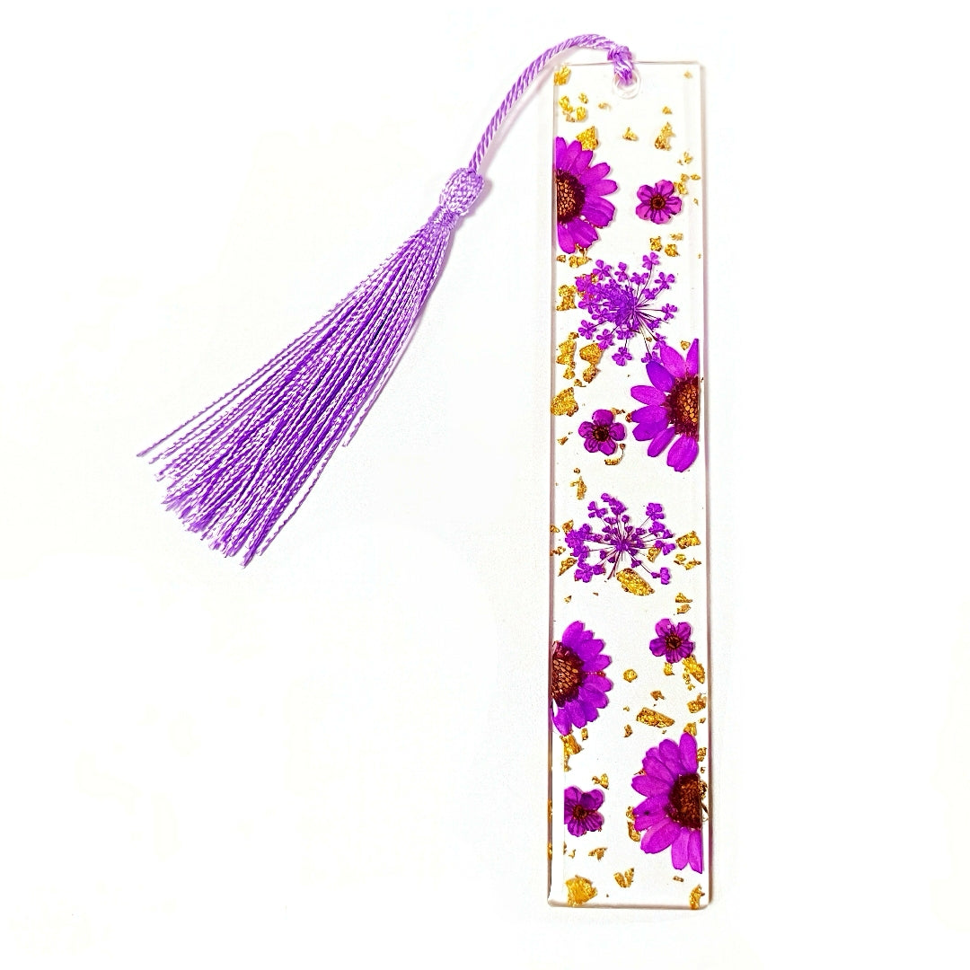 Transparent Acrylic Bookmark with Dried Flowers and Gold Flakes