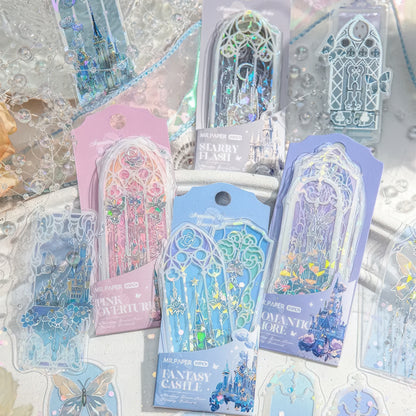 PVC bookmarks with fantasy-themed designs on a textured surface.