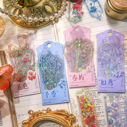Decorative PVC bookmarks with floral designs on a textured surface