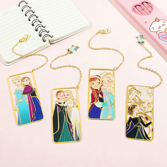 Set of four metal bookmarks with Frozen character illustrations on a pink surface.