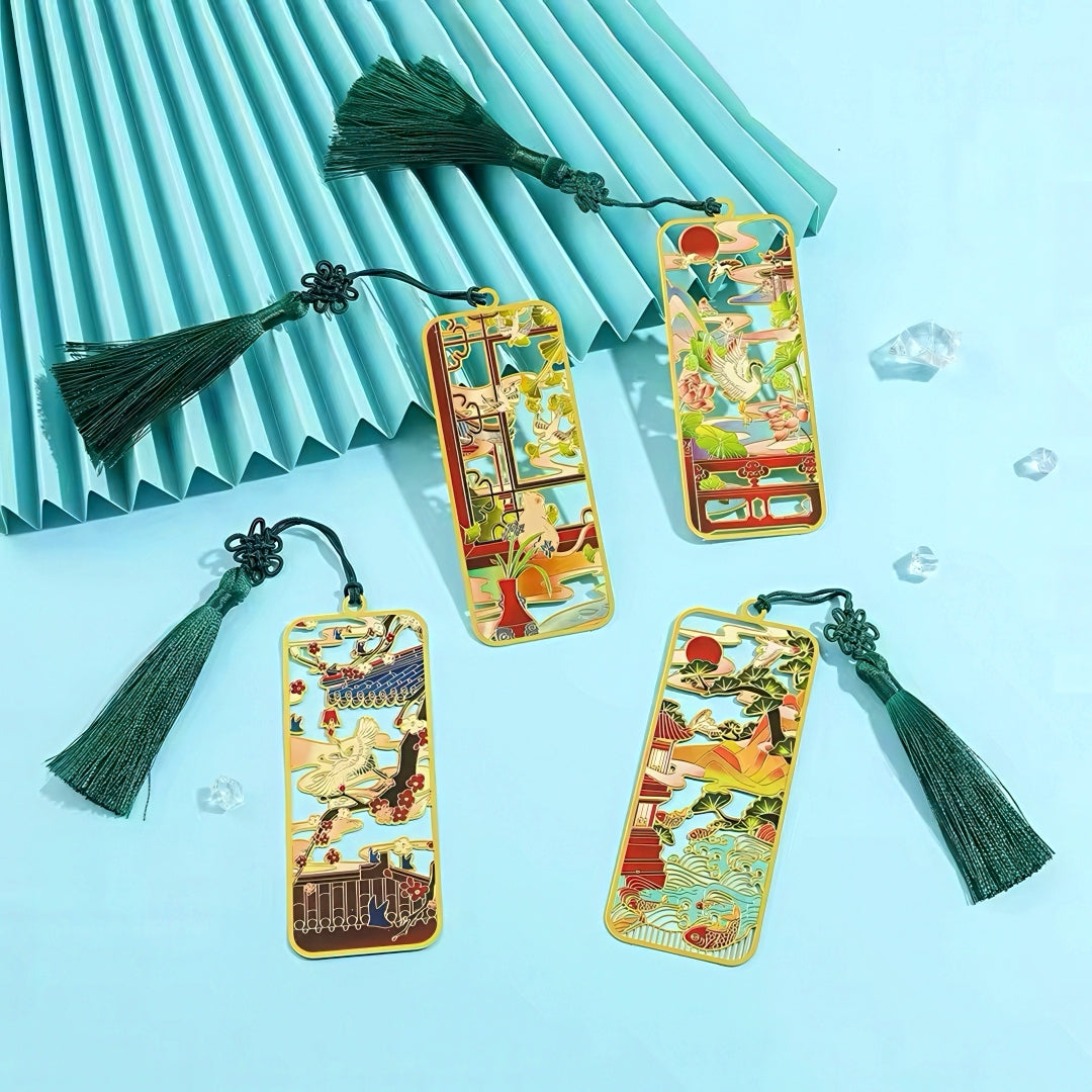 Ancient Chinese Themed Metal Bookmark with Tassel