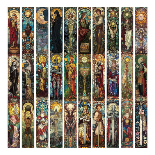 Collection of tarot bookmarks with stained glass window designs on a white background.