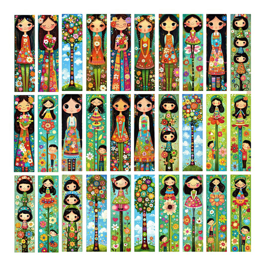 Colorful paper bookmarks with illustrated floral and girls on a white background