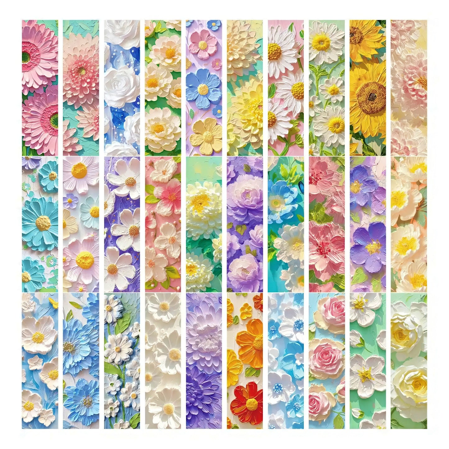Set of colorful floral-themed paper bookmarks.