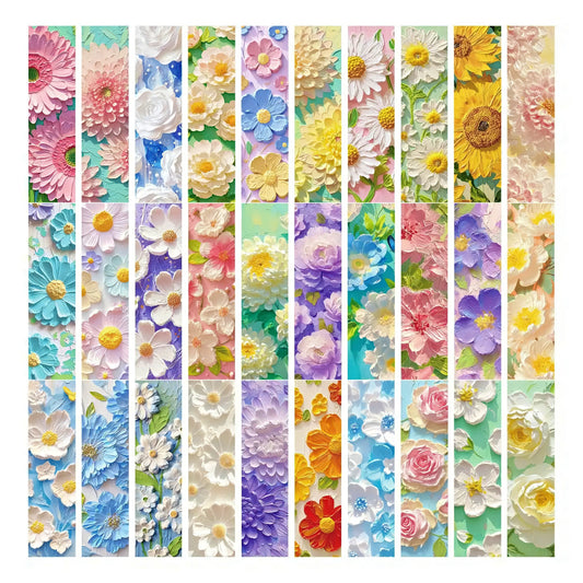 Set of colorful floral-themed paper bookmarks.