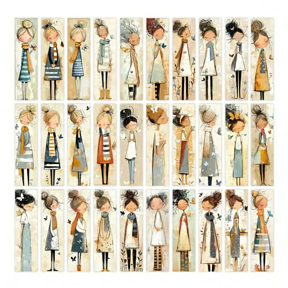 Paper bookmarks with Illustrations of a girl in various outfits on a beige background.
