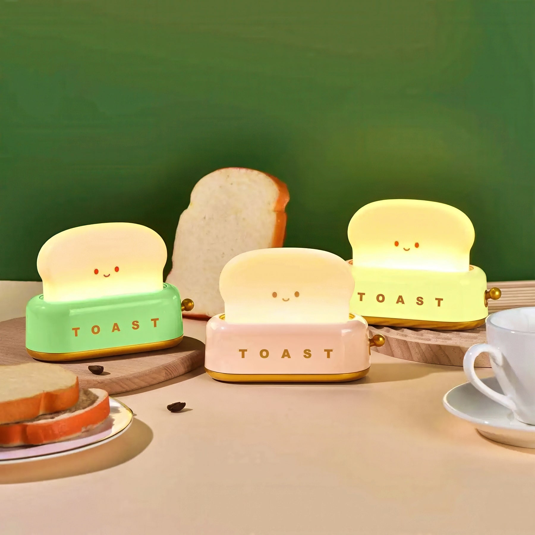 Three cute toast-shaped night lights on a table with a green background