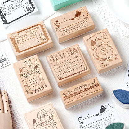 Cat Themed Wooden Planner Stamp Set
