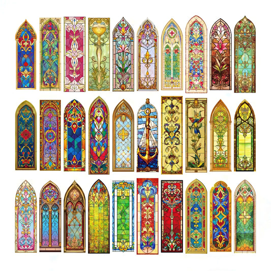 Set of paper bookmarks with stained glass window designs on a white background