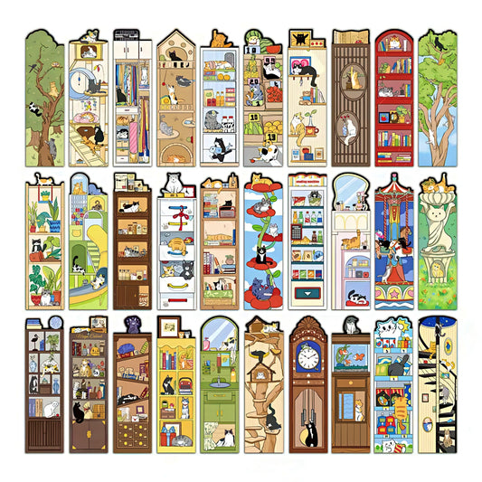 Collection of paper bookmarks with various scenes and cats on a white background