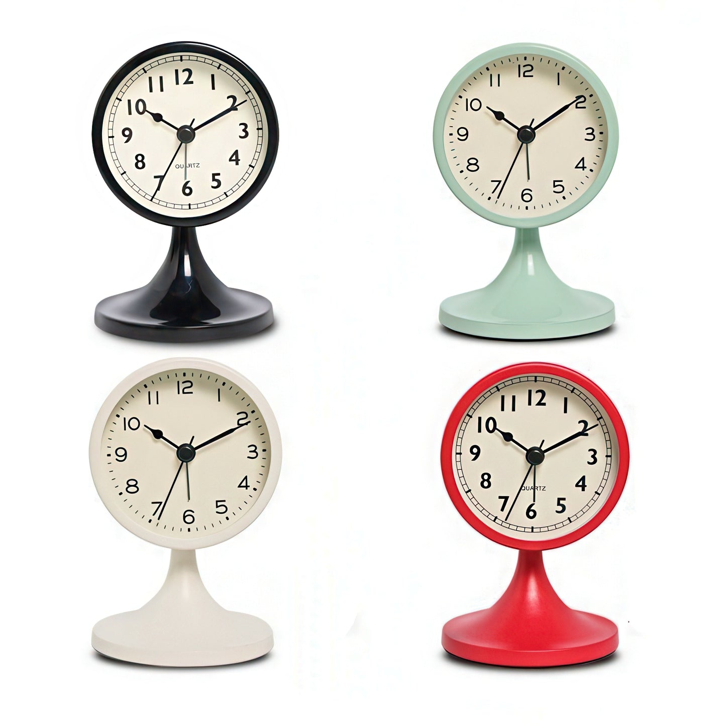 Four vintage-style table clocks in different colors on a white background